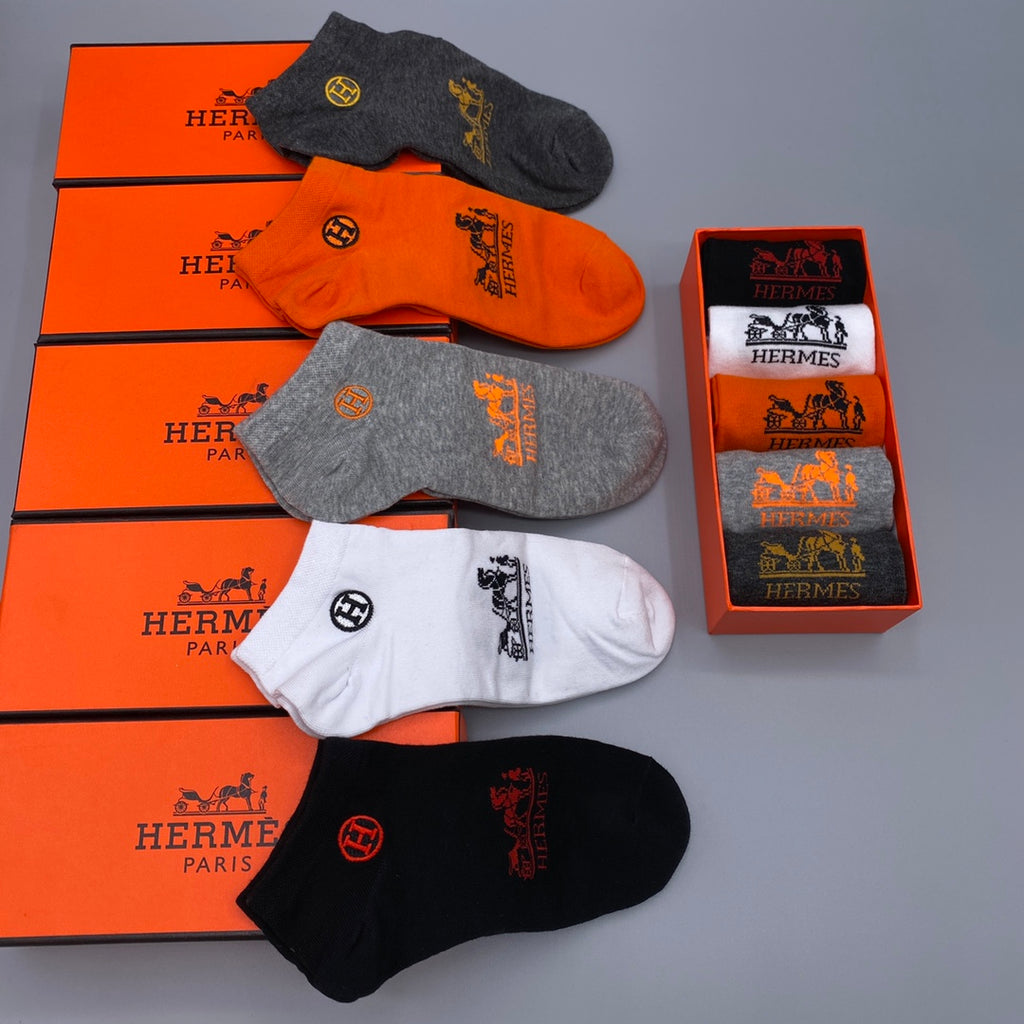 Hermes Horse And Wordmark Details No-Show Socks - 5-Pair Set