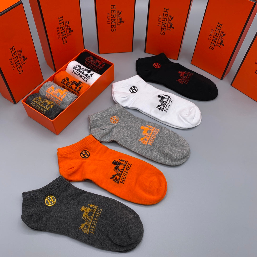 Hermes Horse And Wordmark Details No-Show Socks - 5-Pair Set