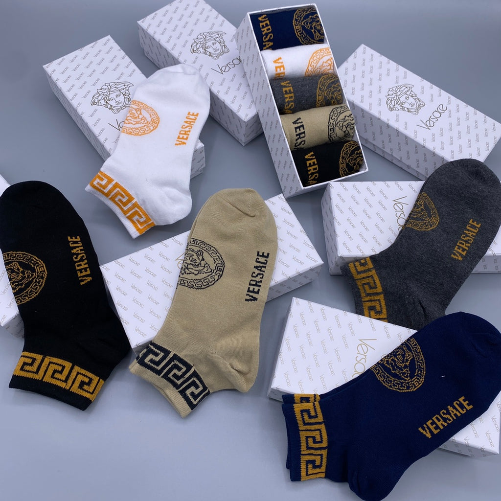Versace Combed cotton Greek-Key Cuff Accents Ankle Socks - 5-Pair Set