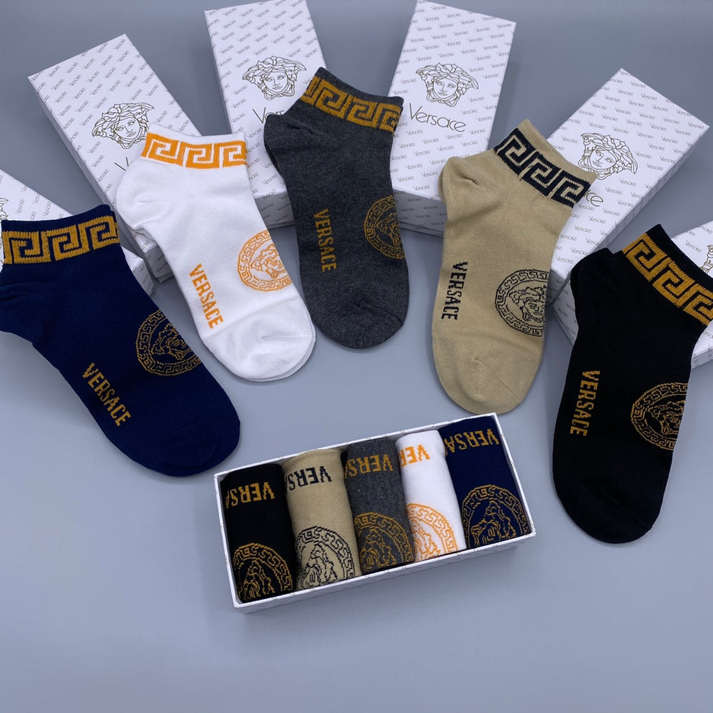 Versace Combed cotton Greek-Key Cuffs And Medallions Ankle Socks - 5-Pair Set