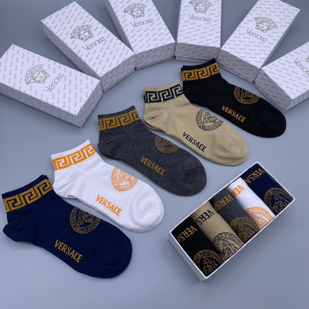 Versace Combed cotton Greek-Key Cuff Accents Ankle Socks - 5-Pair Set