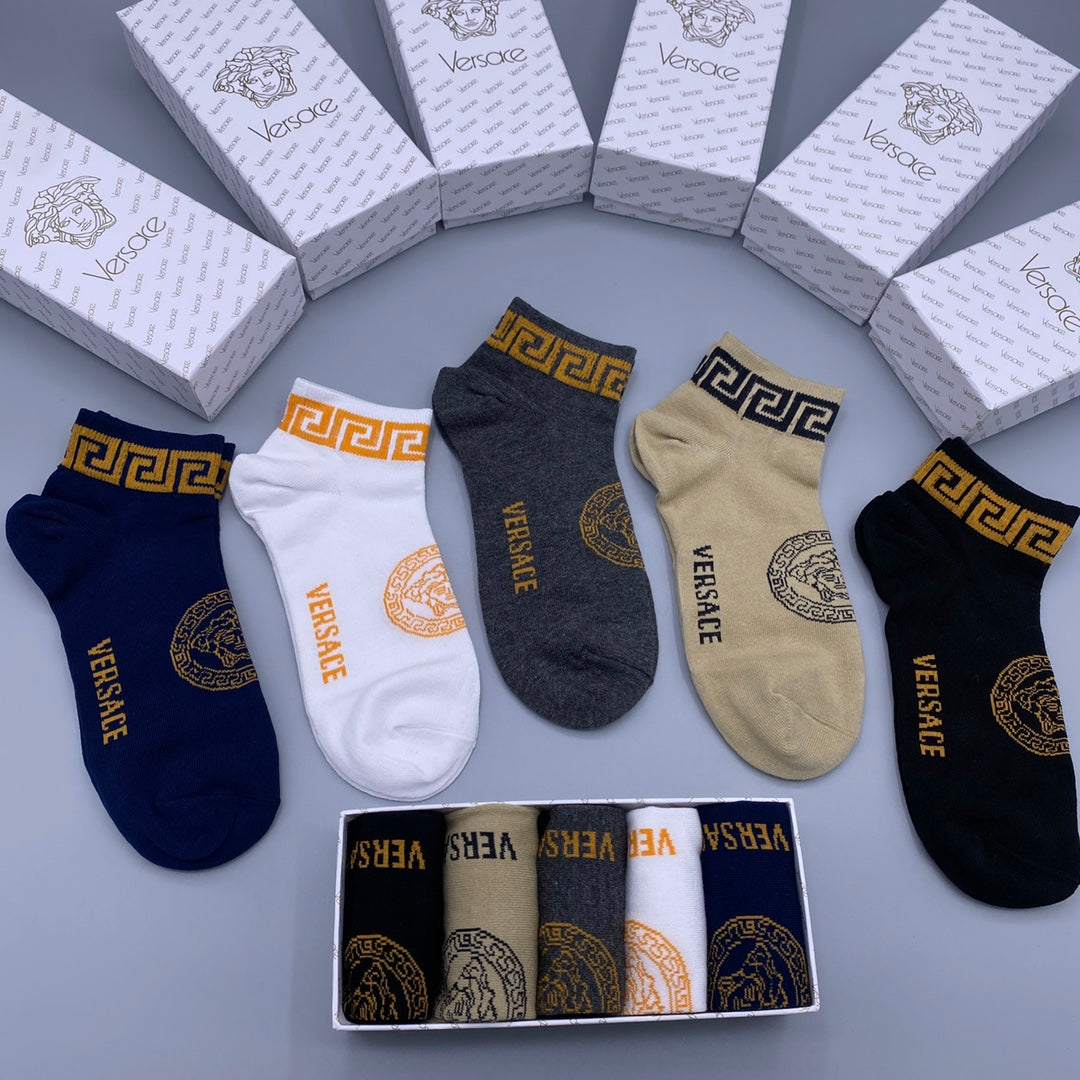 Versace Combed cotton Greek-Key Cuff Accents Ankle Socks - 5-Pair Set