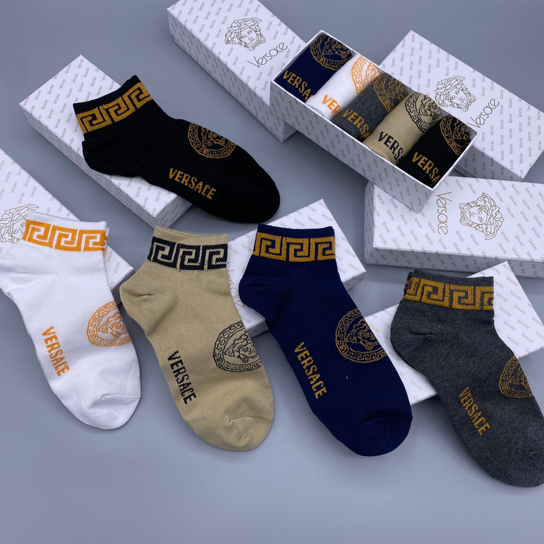 Versace Combed cotton Greek-Key Cuff Accents Ankle Socks - 5-Pair Set