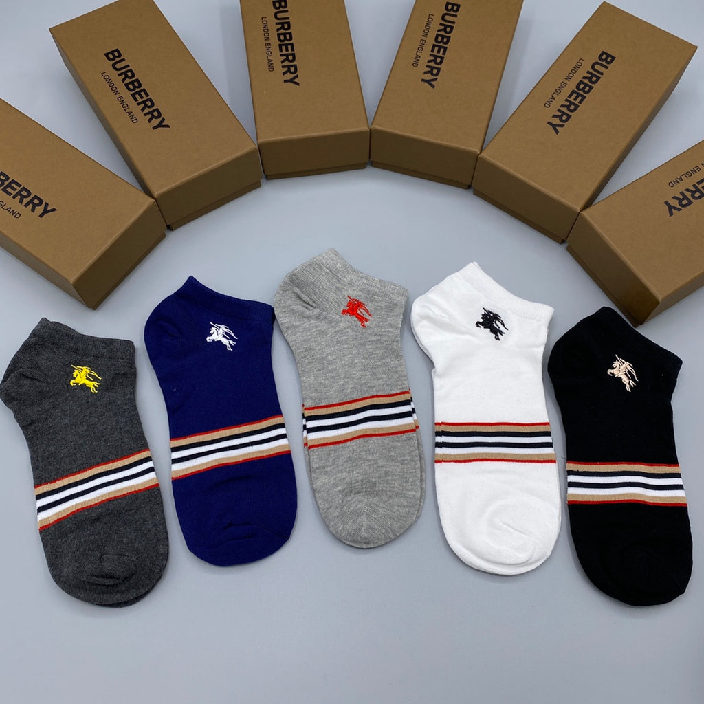 Burberry Cotton Visible Branded Cuff Or Emblem Details No-Show Socks - 5-Pair Set