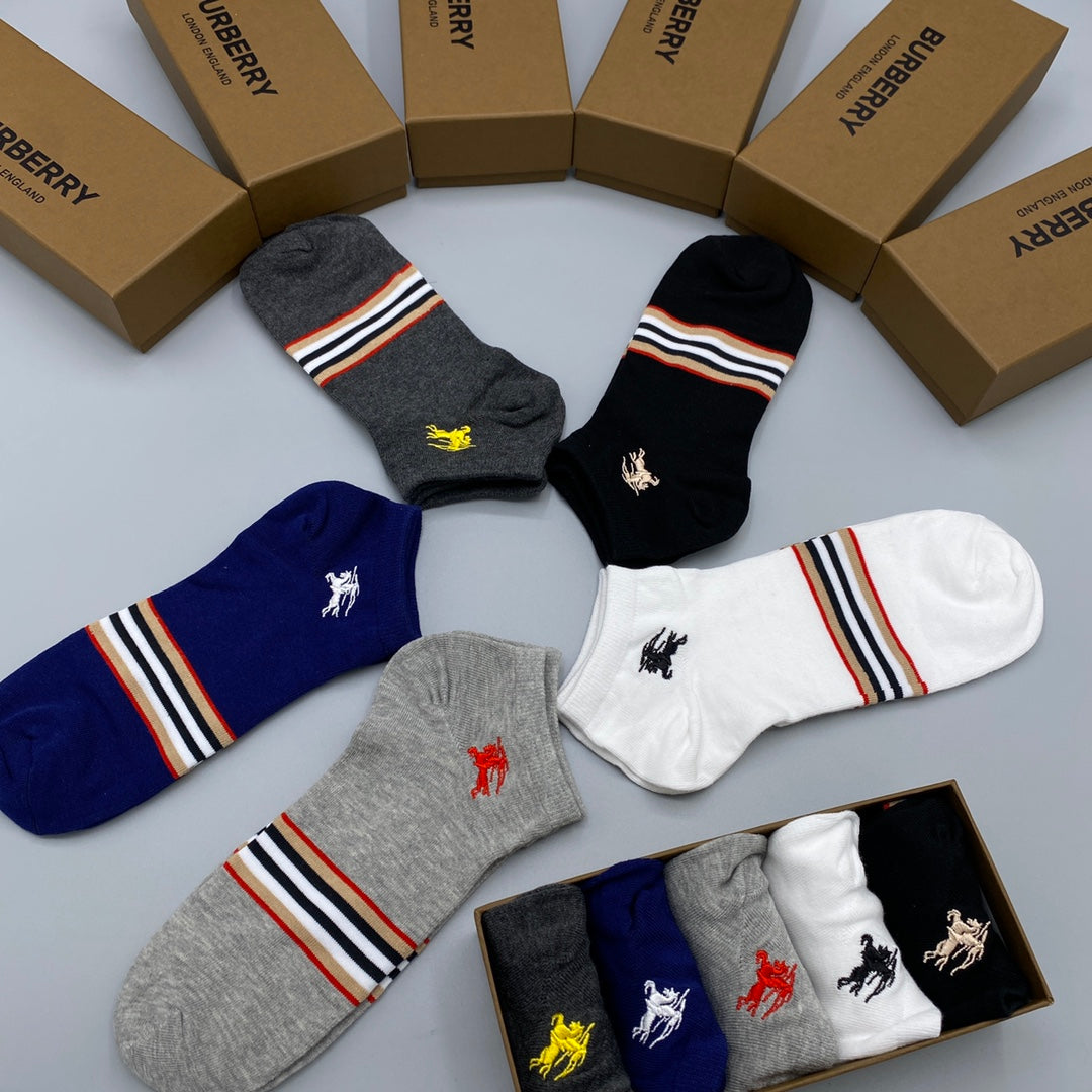 Burberry Stripe And Small Horse Details Ankle Socks - 5-Pair Set