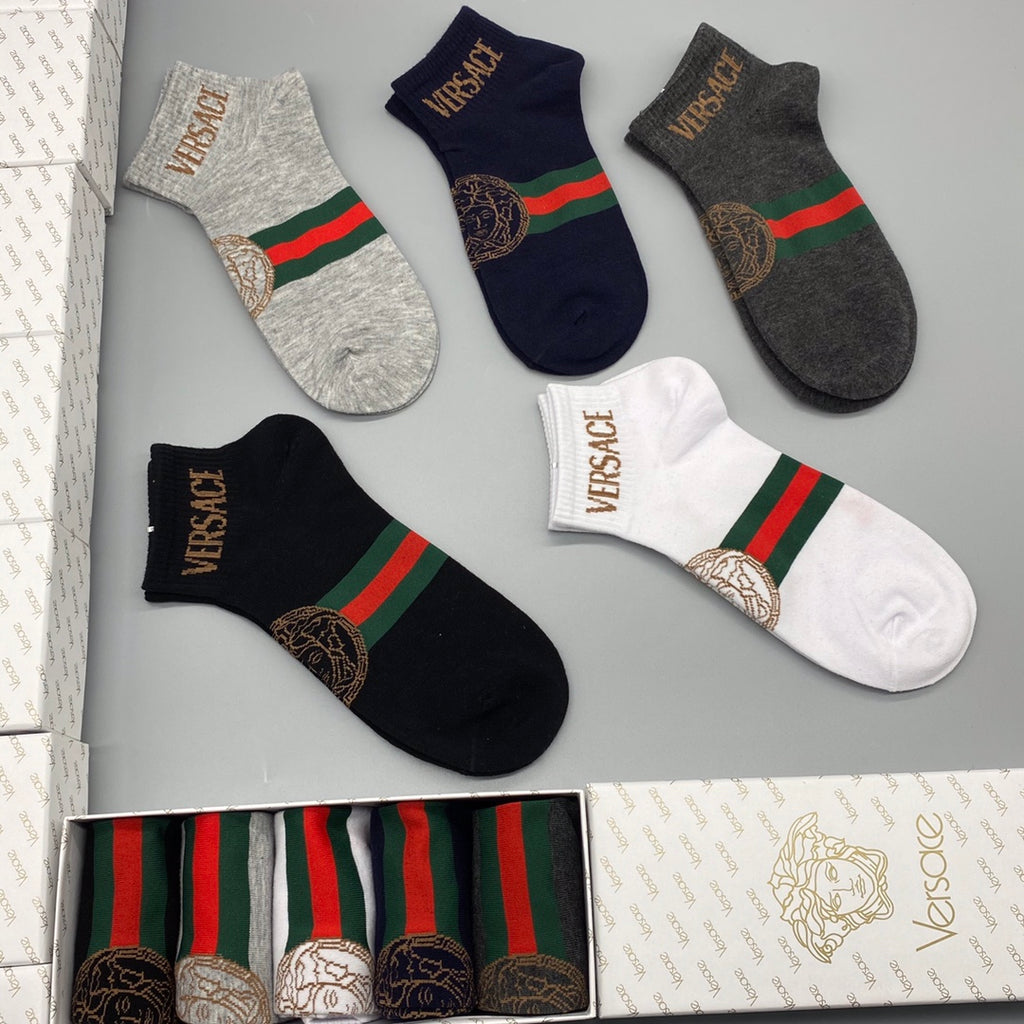 Versace Combed Cotton Short Socks - Mixed Colour 5-Pair Box