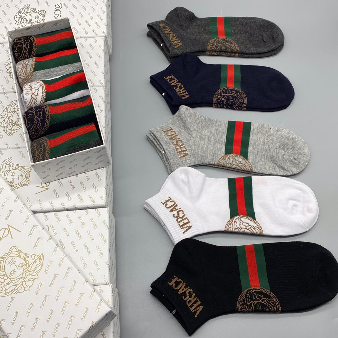 Versace Combed cotton Red-And-Green Stripe Details Ankle Socks - 5-Pair Set