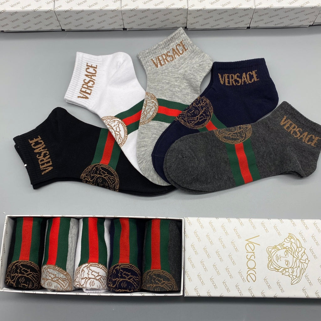 Versace Web-Stripe And Medallion Details Ankle Socks - 5-Pair Set