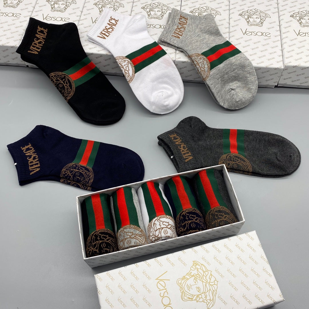 Versace Combed Cotton Short Socks - Mixed Colour 5-Pair Box