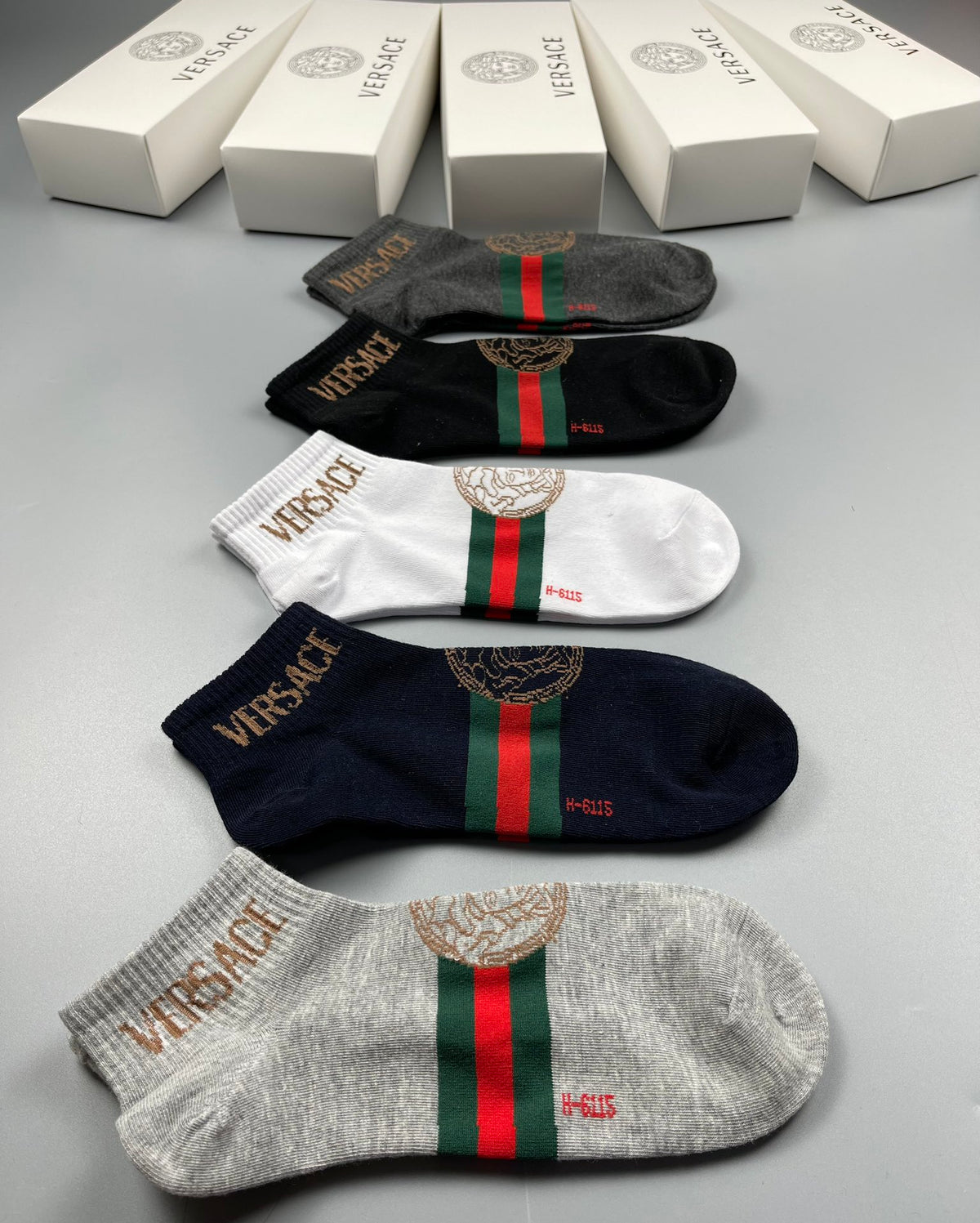 Versace Greek-Key, Stripe And Medallion Details Ankle Socks - 5-Pair Set