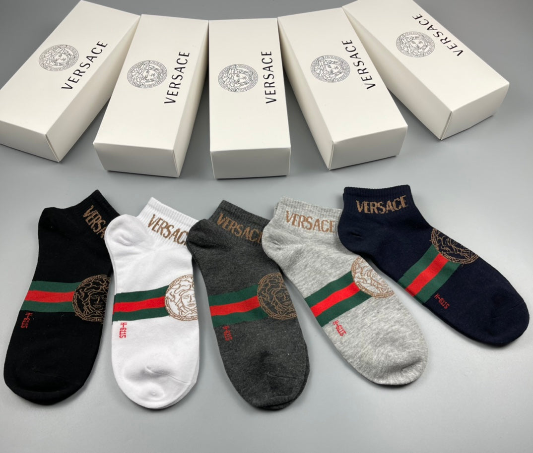 Versace Greek-Key, Stripe And Medallion Details Ankle Socks - 5-Pair Set