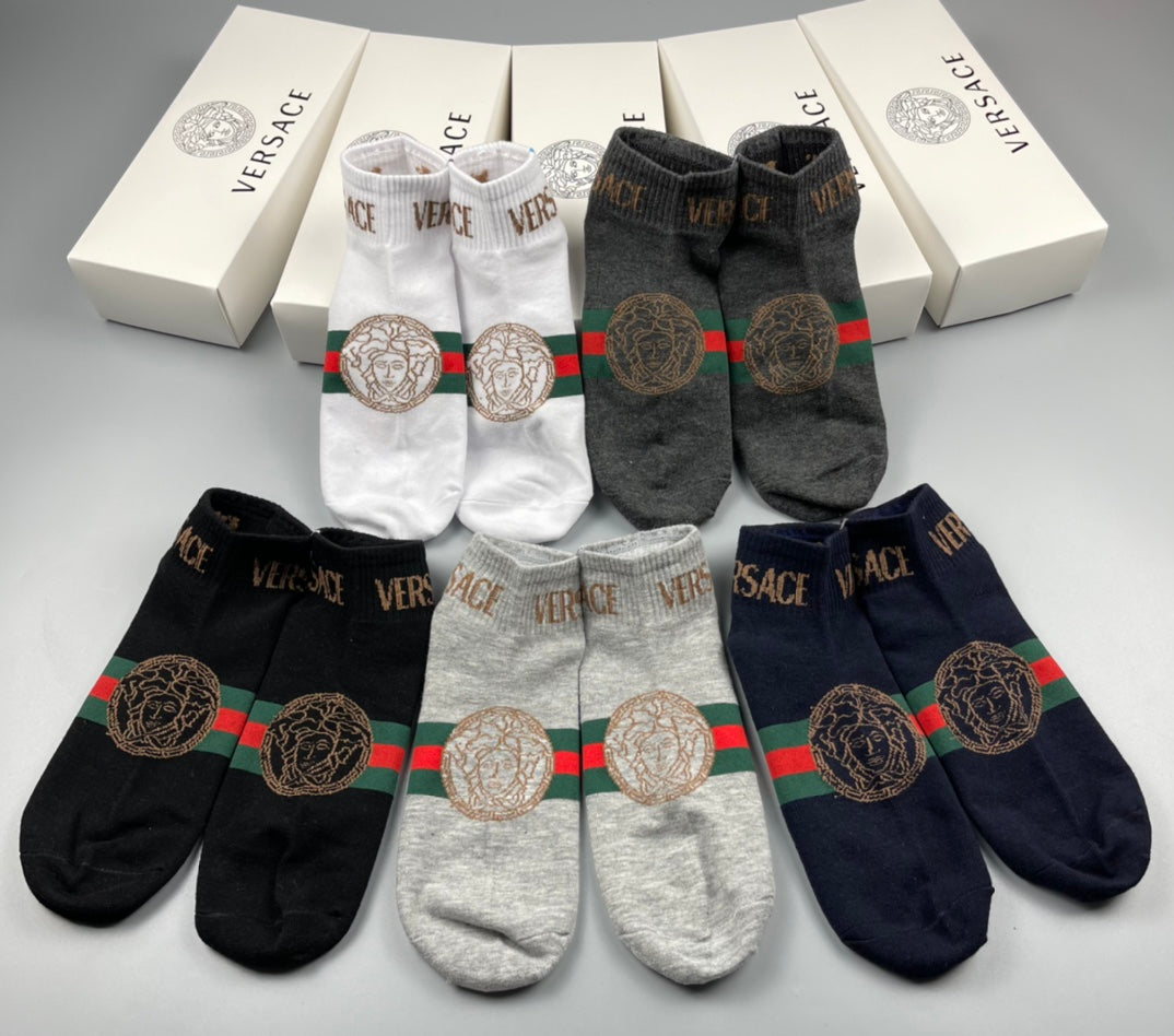 Versace Cotton blend Visible Colour, Cuff And Emblem Details No-Show Socks - 5-Pair Set