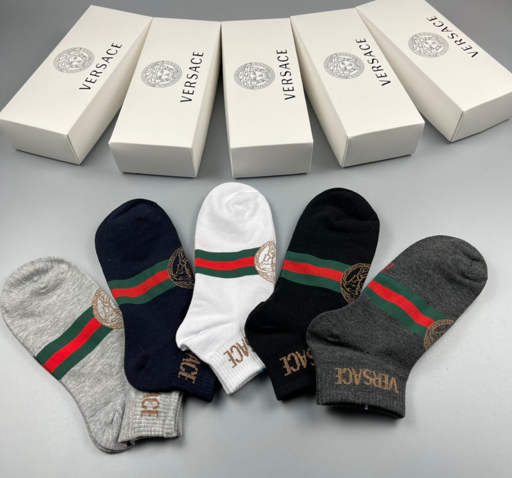 Versace Greek-Key, Stripe And Medallion Details Ankle Socks - 5-Pair Set