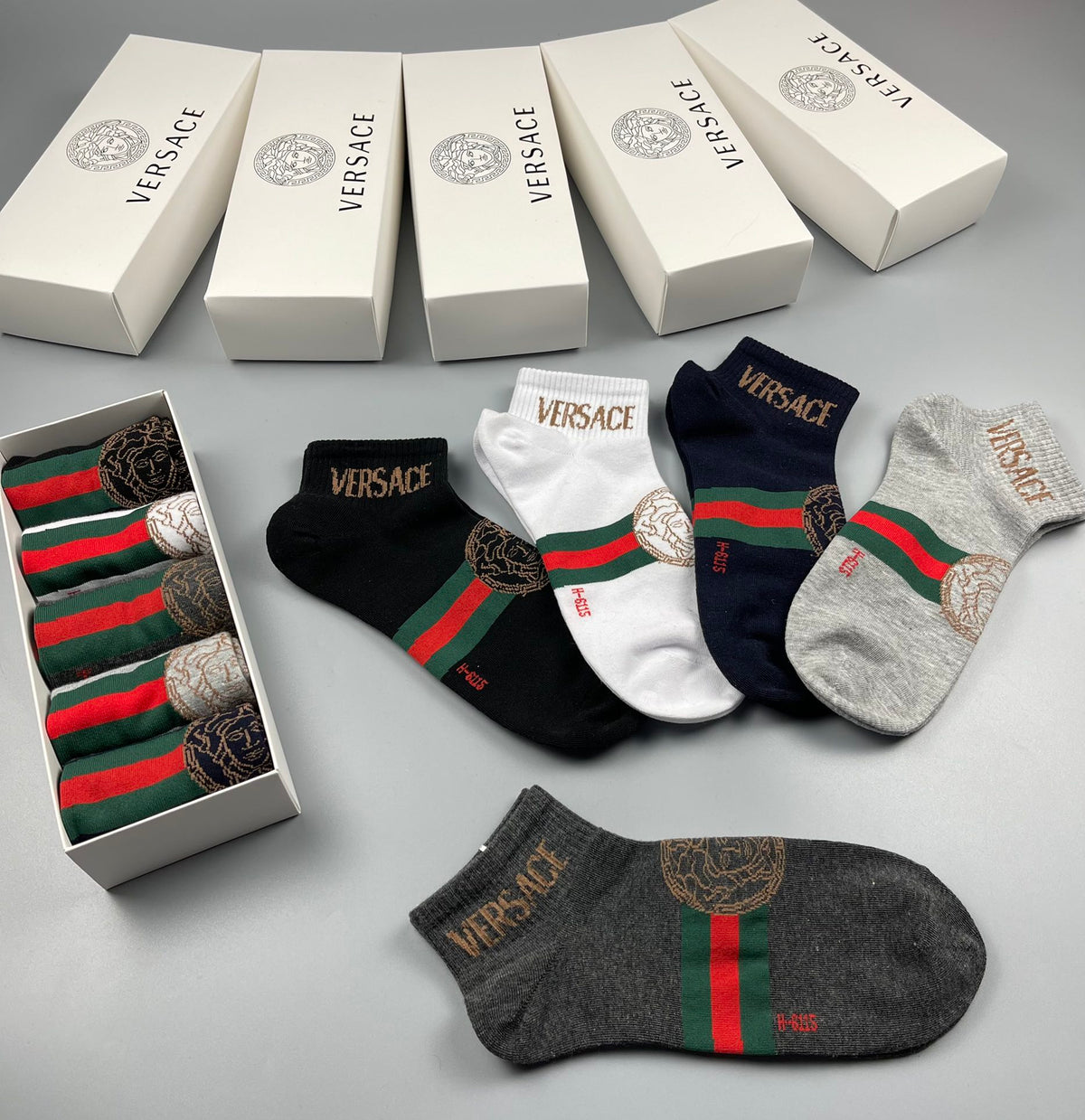 Versace Greek-Key, Stripe And Medallion Details Ankle Socks - 5-Pair Set