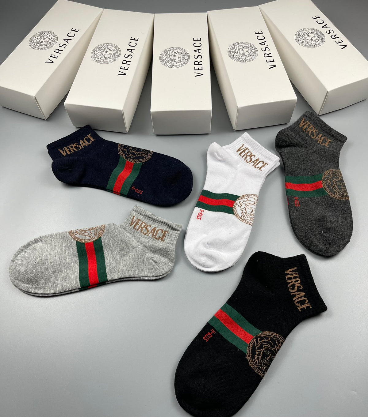 Versace Greek-Key, Stripe And Medallion Details Ankle Socks - 5-Pair Set