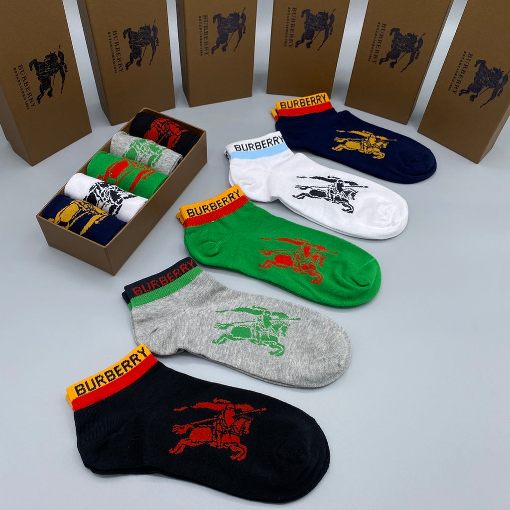 Burberry Cotton Visible Branded Cuff Or Emblem Details No-Show Socks - 5-Pair Set