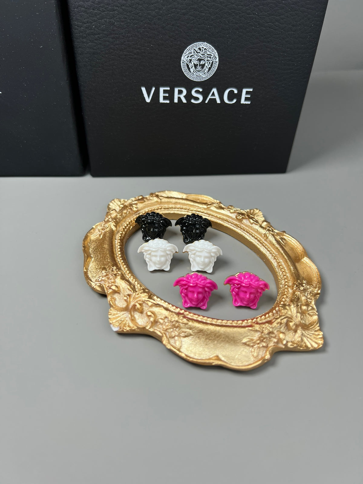 Statement Emblem Stud Earrings in Black-Tone – Streetwear detail view