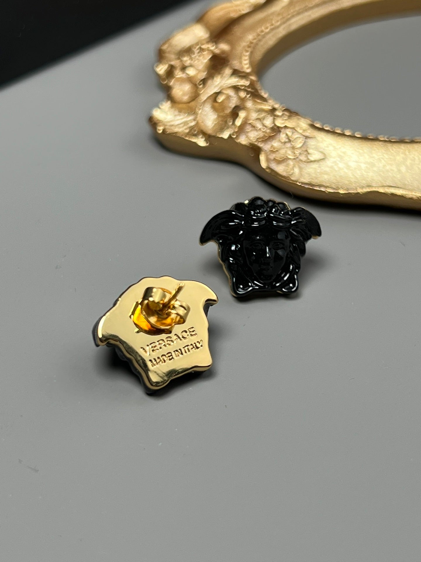 Statement Emblem Stud Earrings in Black-Tone – Streetwear – Design 02 side detail