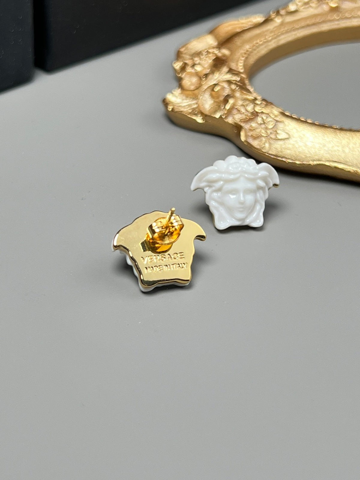 Statement Emblem Stud Earrings in Black-Tone – Streetwear close-up detail