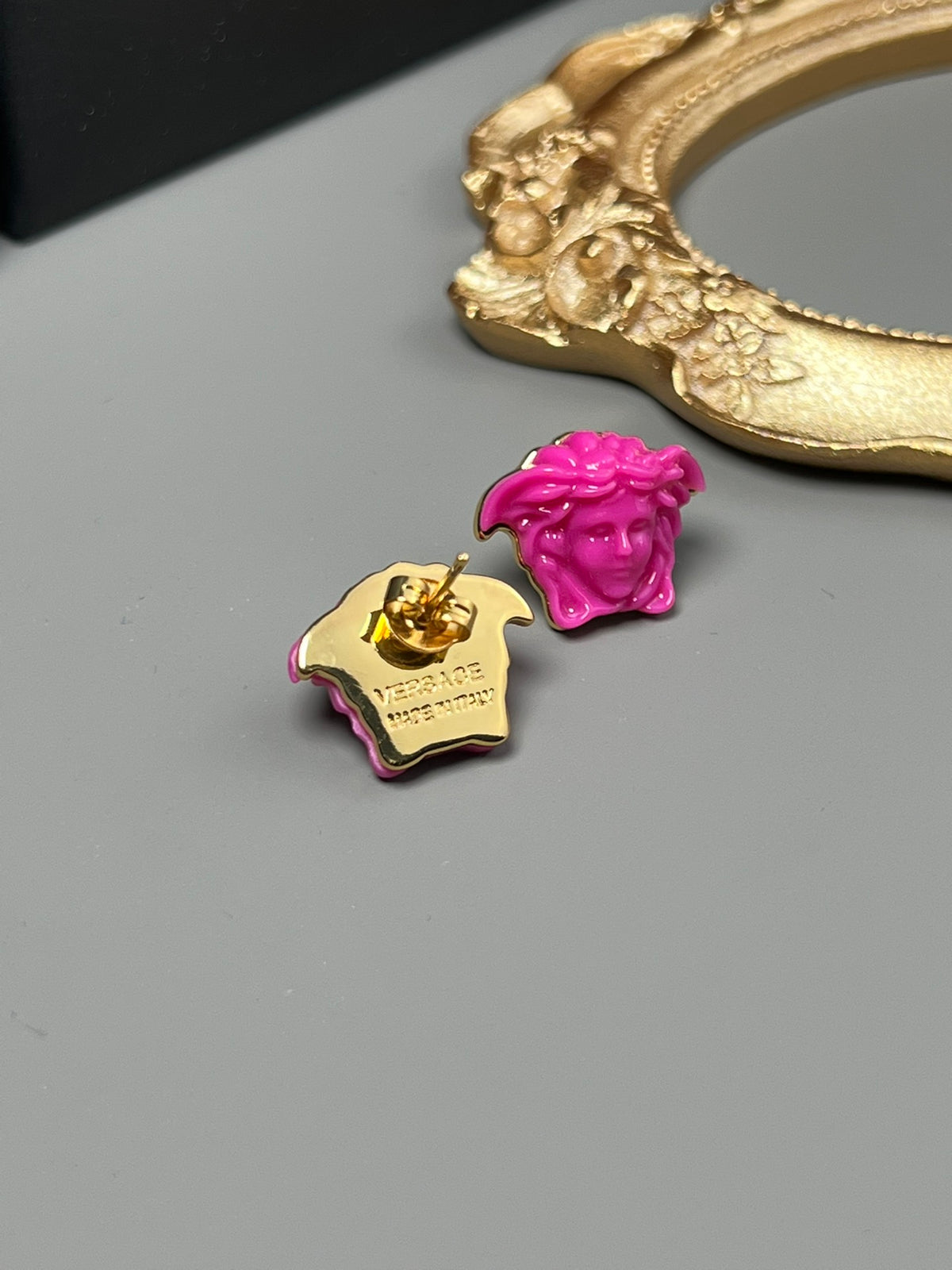 Statement Emblem Stud Earrings in Black-Tone – Streetwear – Design 02 front product view