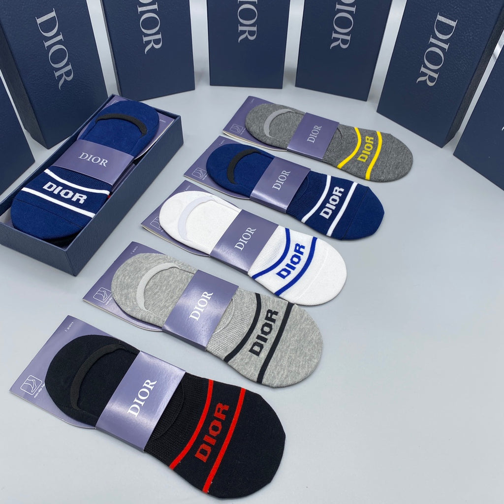Dior Varied Stripe And Bee Details No-Show Socks - 5-Pair Set