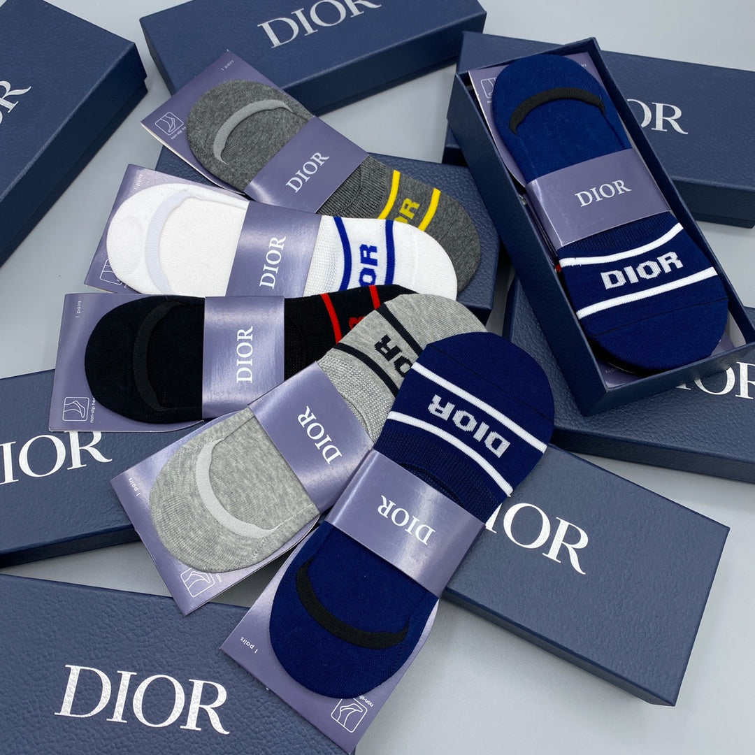 Dior Varied Stripe And Bee Details No-Show Socks - 5-Pair Set