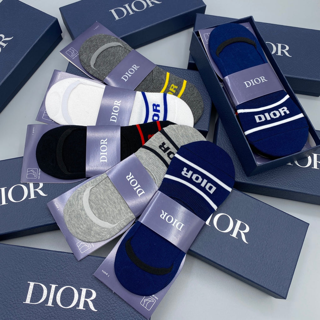 Dior Clean Wordmarks And Striped Accents No-Show Socks - 5-Pair Set