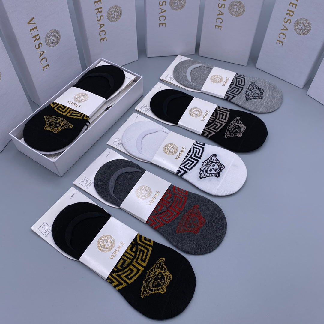 Versace Cotton Visible Cuff, Colour And Emblem Details No-Show Socks - 5-Pair Set