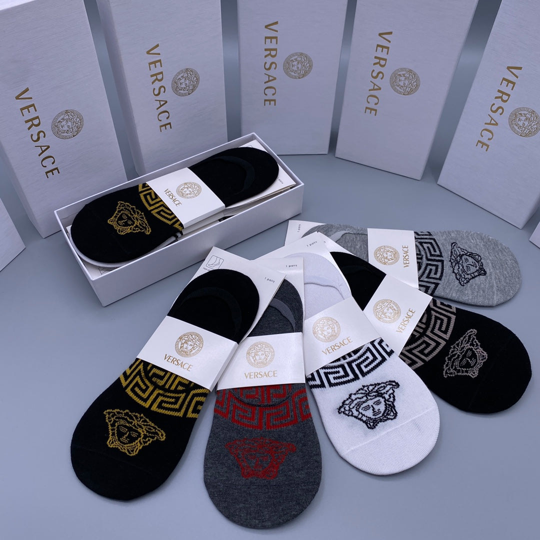 Versace Cotton Visible Cuff, Colour And Emblem Details No-Show Socks - 5-Pair Set