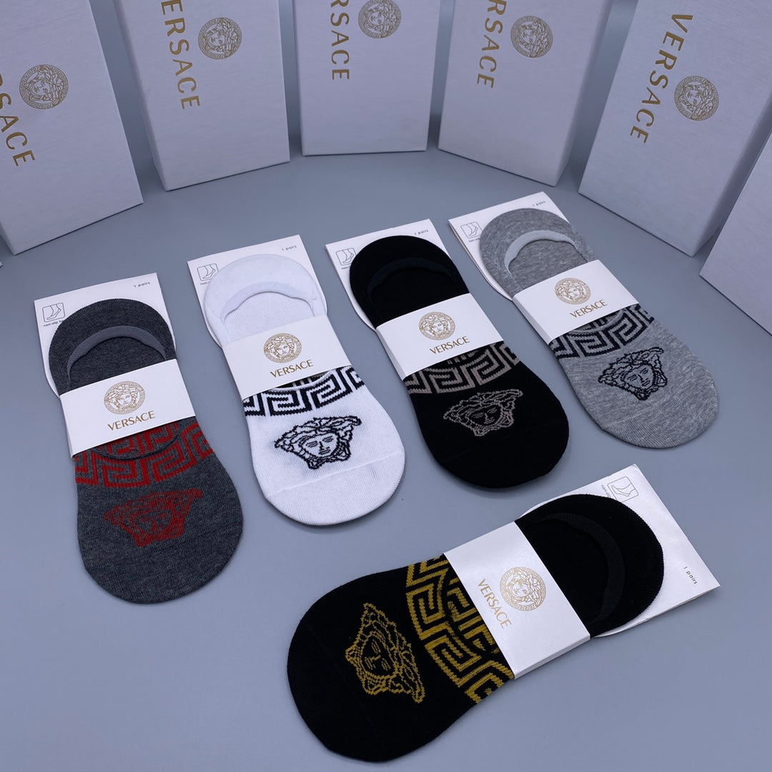 Versace Cotton Visible Cuff, Colour And Emblem Details No-Show Socks - 5-Pair Set