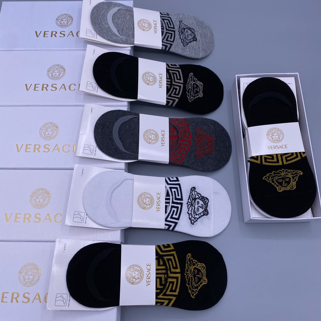 Versace Cotton Visible Cuff, Colour And Emblem Details No-Show Socks - 5-Pair Set