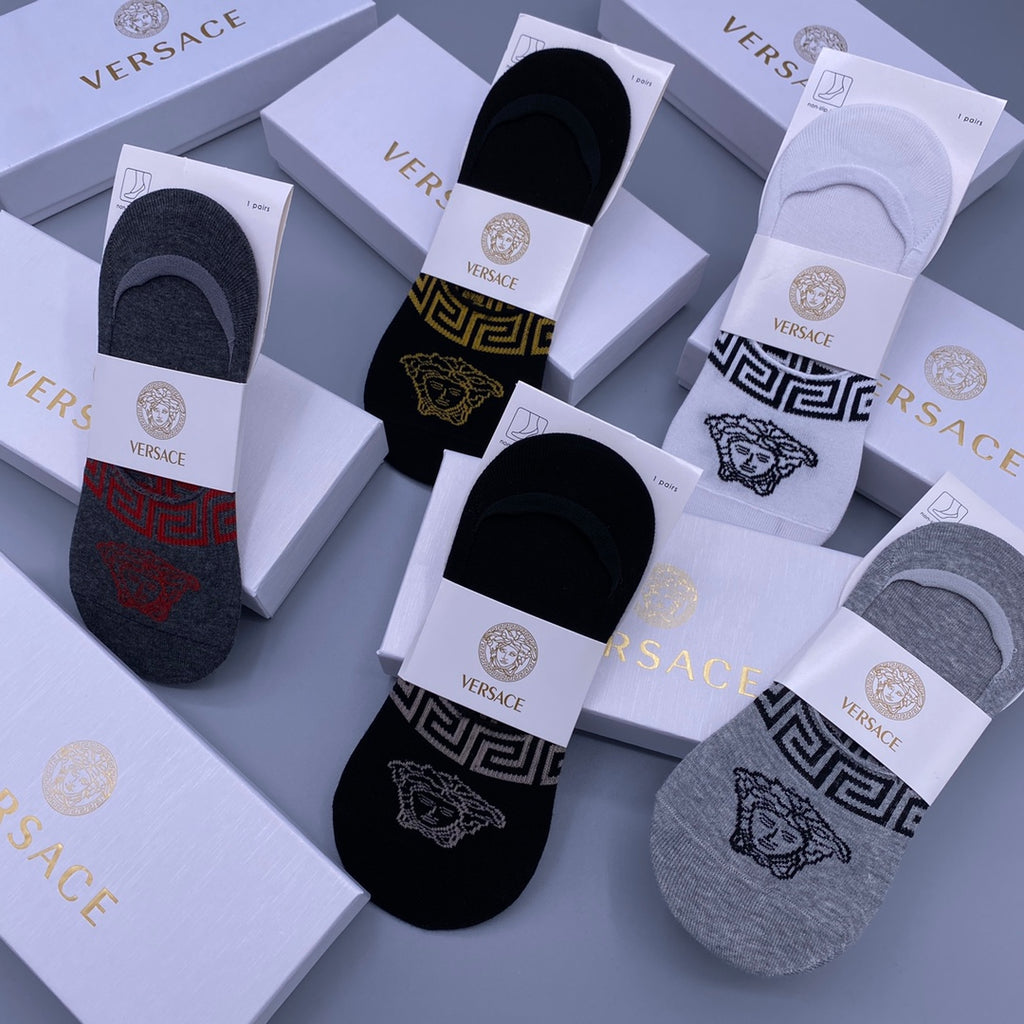 Versace Cotton Visible Cuff, Colour And Emblem Details No-Show Socks - 5-Pair Set
