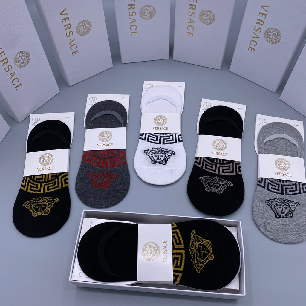 Versace Cotton Visible Cuff, Colour And Emblem Details No-Show Socks - 5-Pair Set