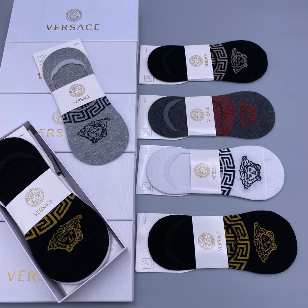 Versace Cotton Visible Cuff, Colour And Emblem Details No-Show Socks - 5-Pair Set
