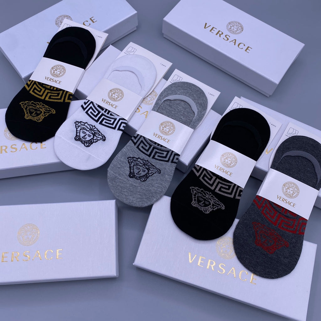 Versace Cotton Visible Cuff, Colour And Emblem Details No-Show Socks - 5-Pair Set