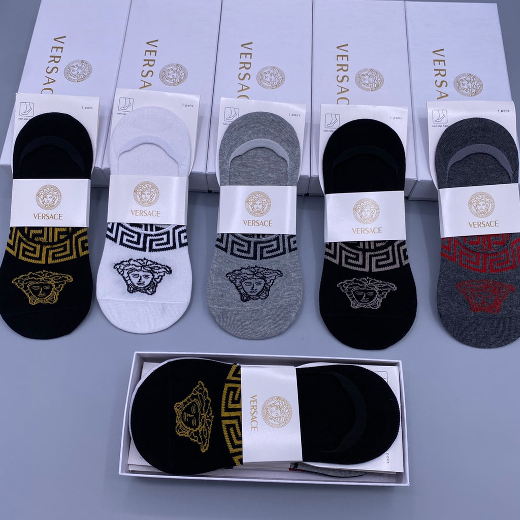 Versace Cotton Visible Cuff, Colour And Emblem Details No-Show Socks - 5-Pair Set
