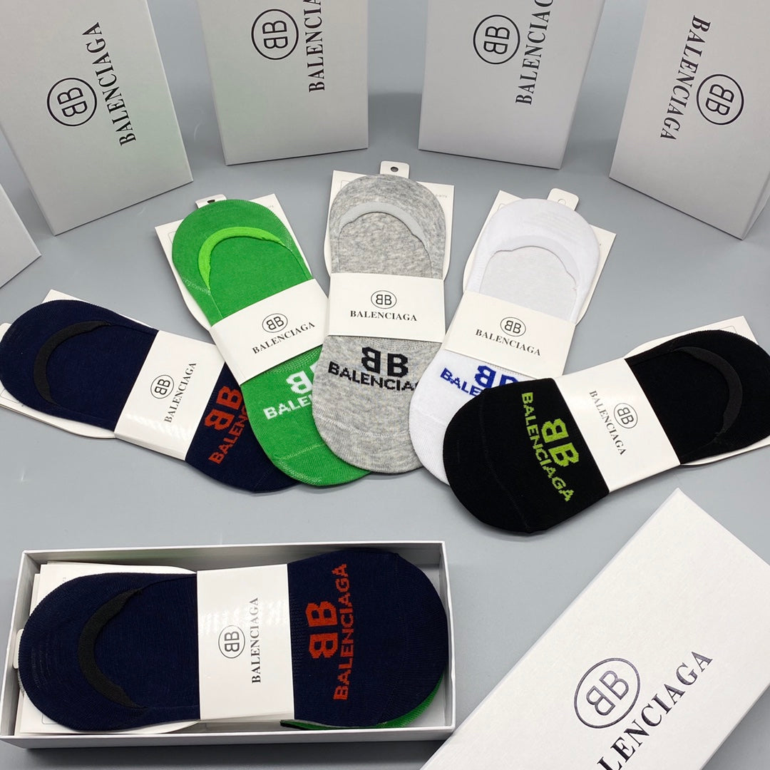 Balenciaga Cotton Visible Colour, Cuff And Emblem Details No-Show Socks - 5-Pair Set