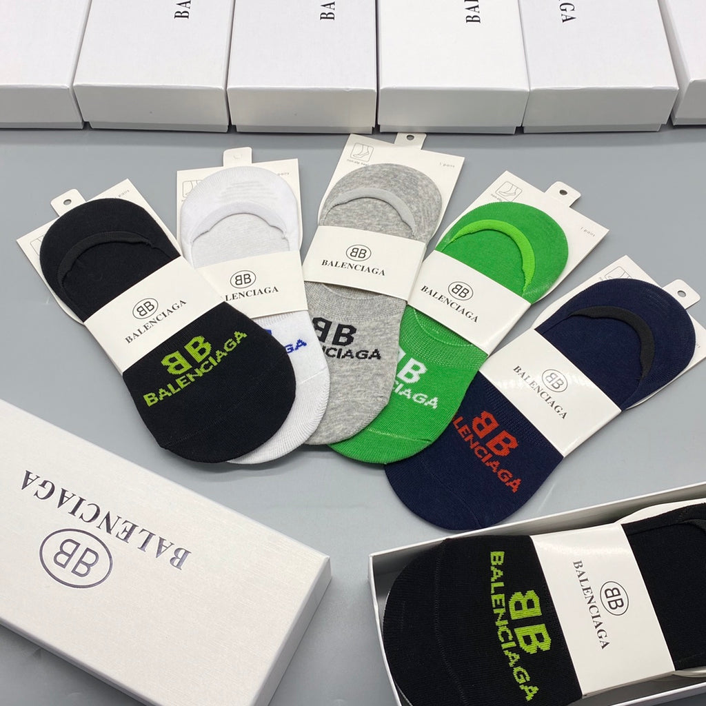 Balenciaga Cotton Visible Colour, Cuff And Emblem Details No-Show Socks - 5-Pair Set