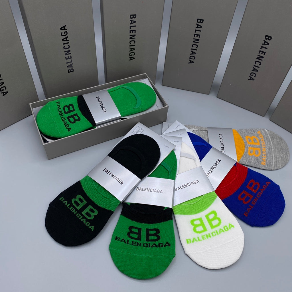 Balenciaga Cotton Visible Cuff, Colour And Emblem Details No-Show Socks - 5-Pair Set