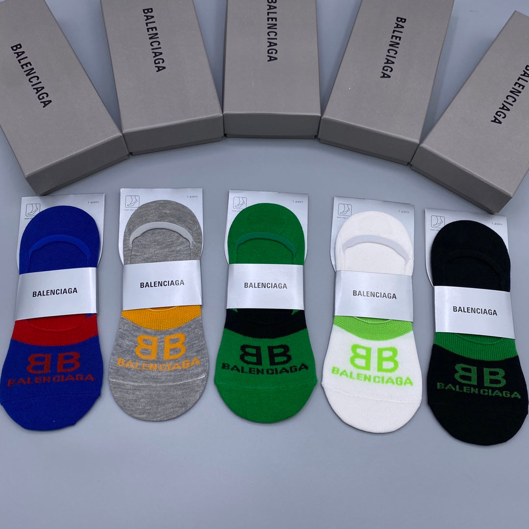 Balenciaga Cotton Visible Colour, Cuff And Emblem Details No-Show Socks - 5-Pair Set