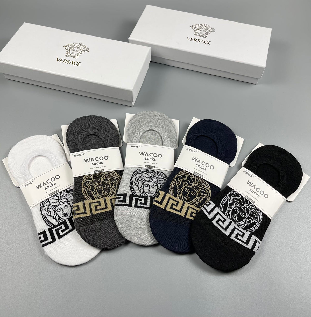 Versace Greek-Key And Medallion Details No-Show Socks - 5-Pair Set