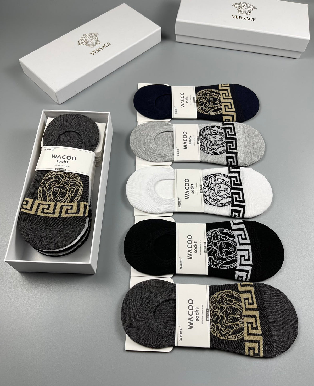 Versace Greek-Key And Medallion Details No-Show Socks - 5-Pair Set