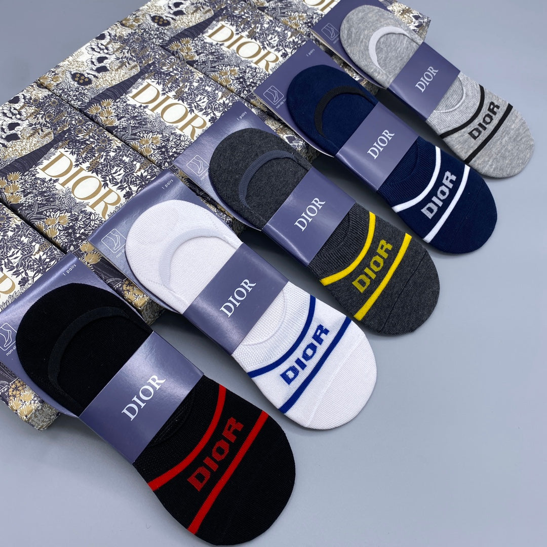 Dior Stripe And Wordmark Details No-Show Socks - 5-Pair Set