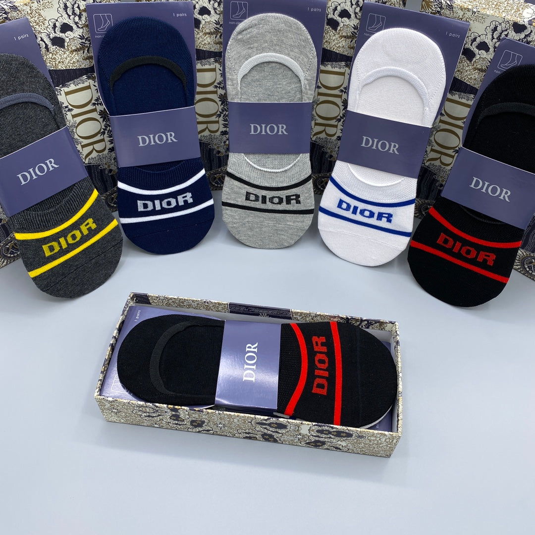 Dior Stripe And Wordmark Details No-Show Socks - 5-Pair Set