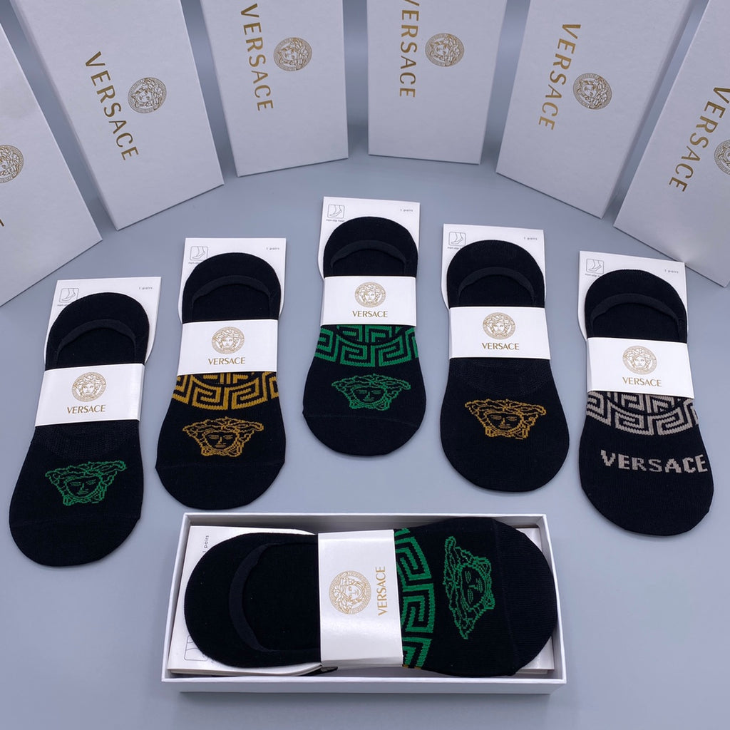 Versace Green And Gold Medallion Details No-Show Socks - 5-Pair Set