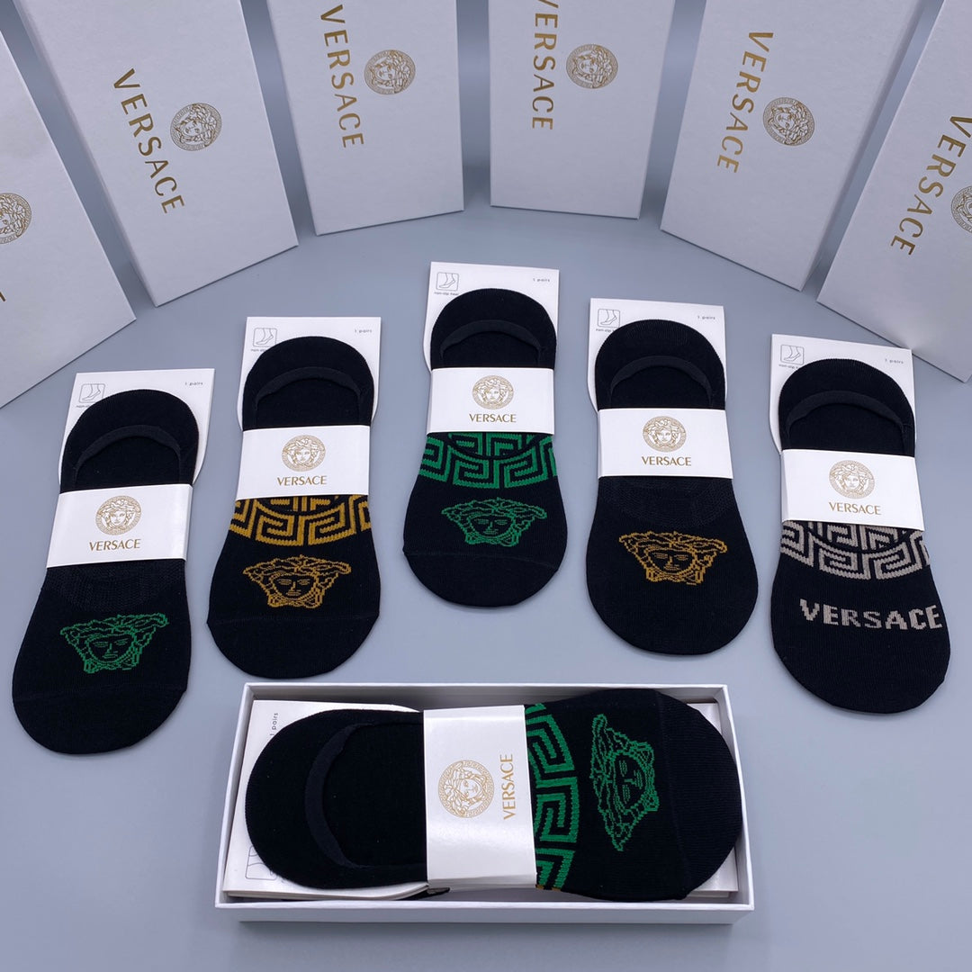 Versace Green And Gold Medallion Details No-Show Socks - 5-Pair Set