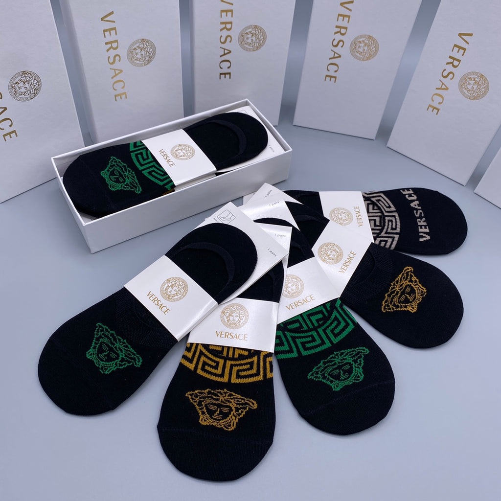 Versace Green And Gold Medallion Details No-Show Socks - 5-Pair Set