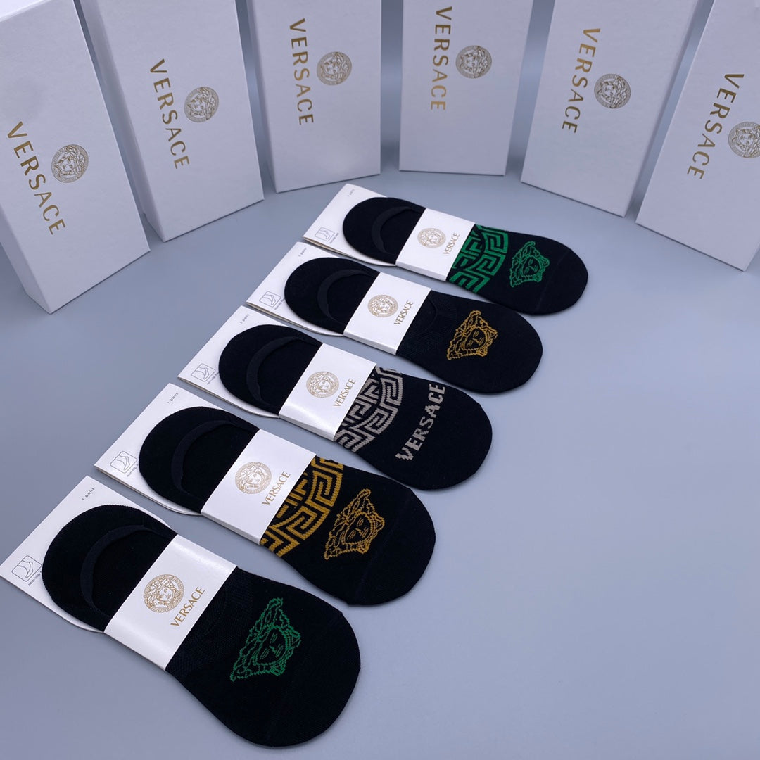 Versace Visible Logo, Stripe Or Motif Details No-Show Socks - 5-Pair Set