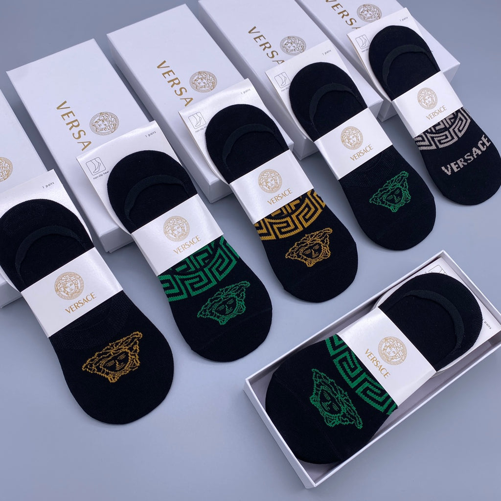 Versace Visible Logo, Stripe Or Motif Details No-Show Socks - 5-Pair Set
