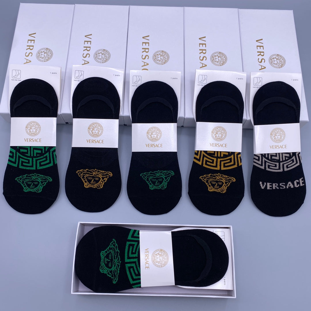 Versace Visible Logo, Stripe Or Motif Details No-Show Socks - 5-Pair Set